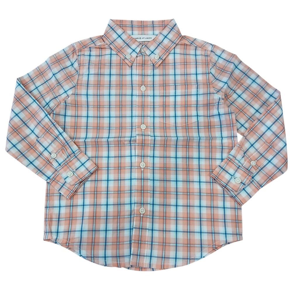 NEW Janie And Jack Pink And Blue Plaid Long Sleeve Button Down Size 3 Pocket $36
